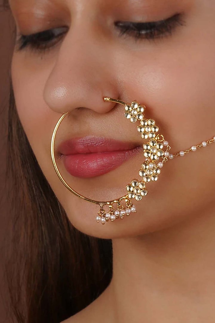 Gold Plated Uncut Polki & Beaded Jadau Nose Ring by Mortantra at Pernia's Pop Up Shop