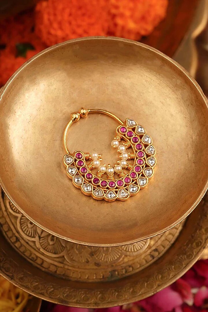 Gold Plated Uncut Polki & Beaded Jadau Nose Ring by Mortantra at Pernia's Pop Up Shop
