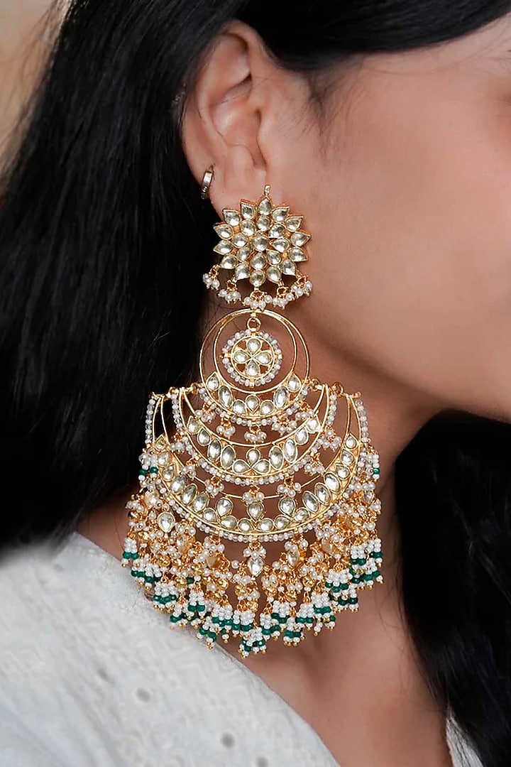 Gold Plated Uncut Polki & Beaded Jadau Chandbali Earrings by Mortantra at Pernia's Pop Up Shop