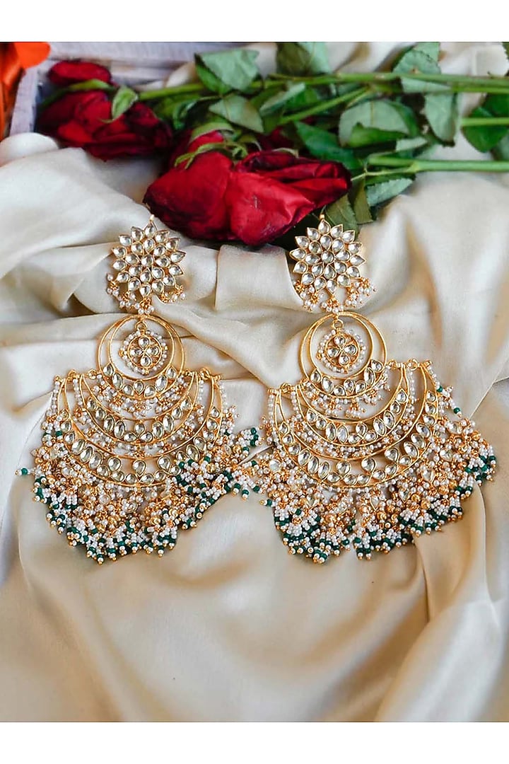Gold Plated Uncut Polki & Beaded Jadau Chandbali Earrings by Mortantra at Pernia's Pop Up Shop
