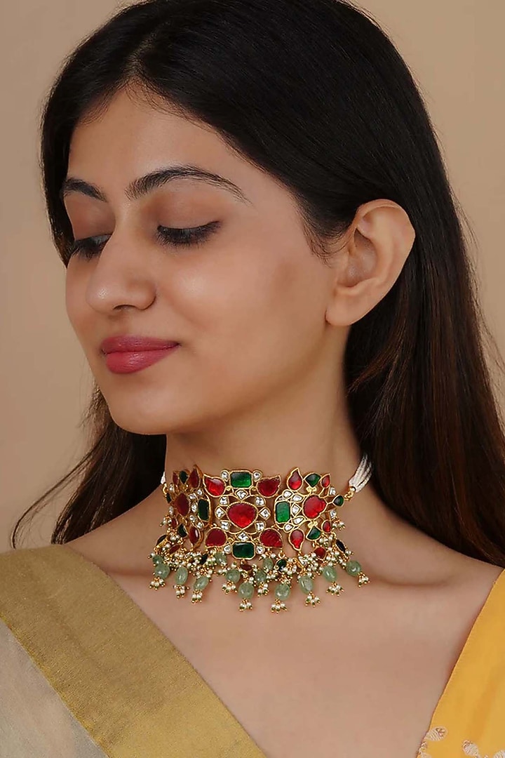 Gold Plated Uncut Polki & Beaded Jadau Choker Necklace by Mortantra at Pernia's Pop Up Shop