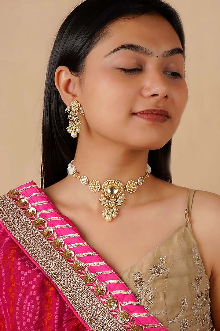 Gold Plated Uncut Polki & Beaded Jadau Choker Necklace Set by Mortantra at Pernia's Pop Up Shop