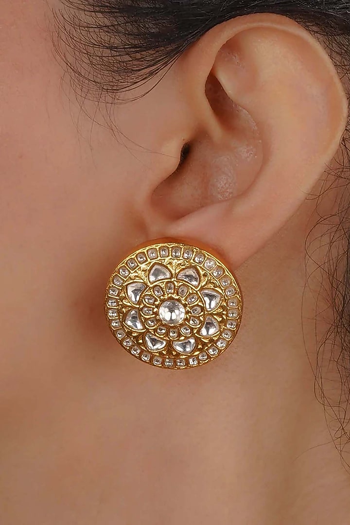 Gold Plated Uncut Polki & Beaded Jadau Stud Earrings by Mortantra at Pernia's Pop Up Shop
