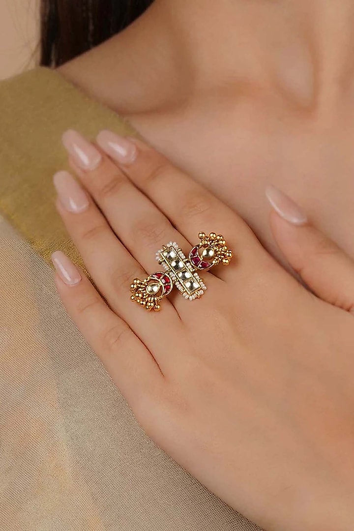 Gold Plated Uncut Polki & Beaded Jadau Ring by Mortantra at Pernia's Pop Up Shop
