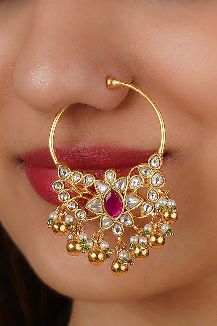 Gold Plated Uncut Polki & Beaded Jadau Nose Ring by Mortantra at Pernia's Pop Up Shop