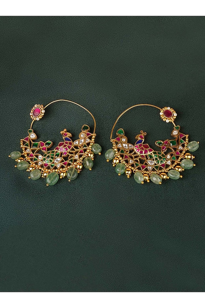 Gold Plated Uncut Polki & Beaded Jadau Hoop Earrings by Mortantra at Pernia's Pop Up Shop