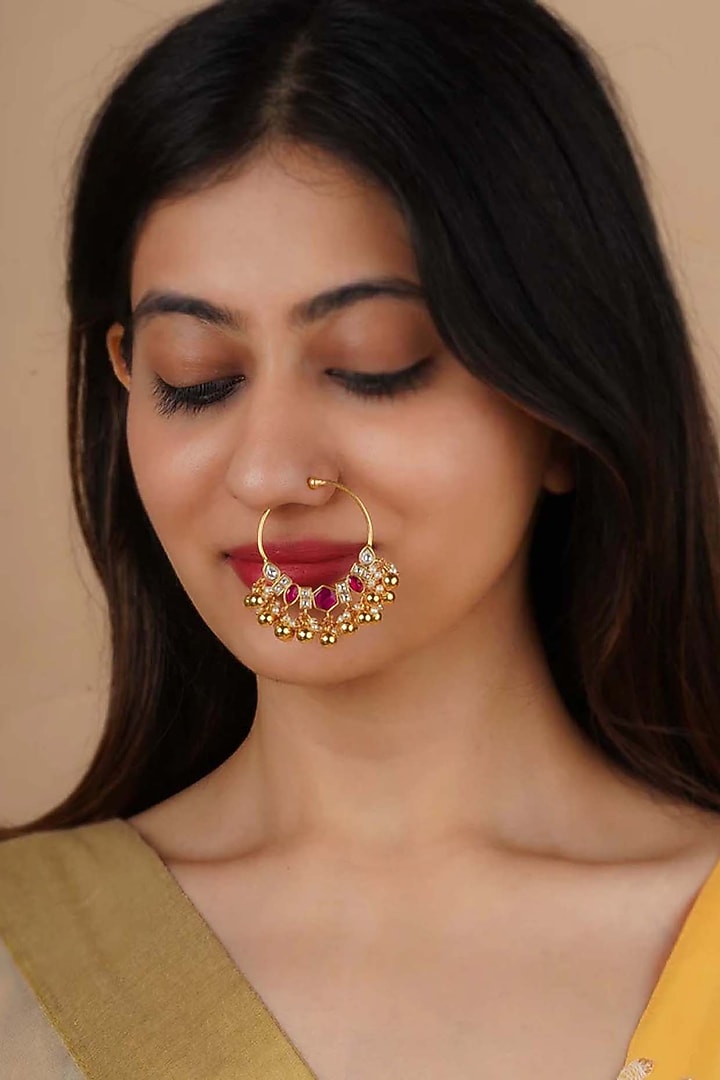 Gold Plated Uncut Polki & Beaded Jadau Nose Ring by Mortantra at Pernia's Pop Up Shop