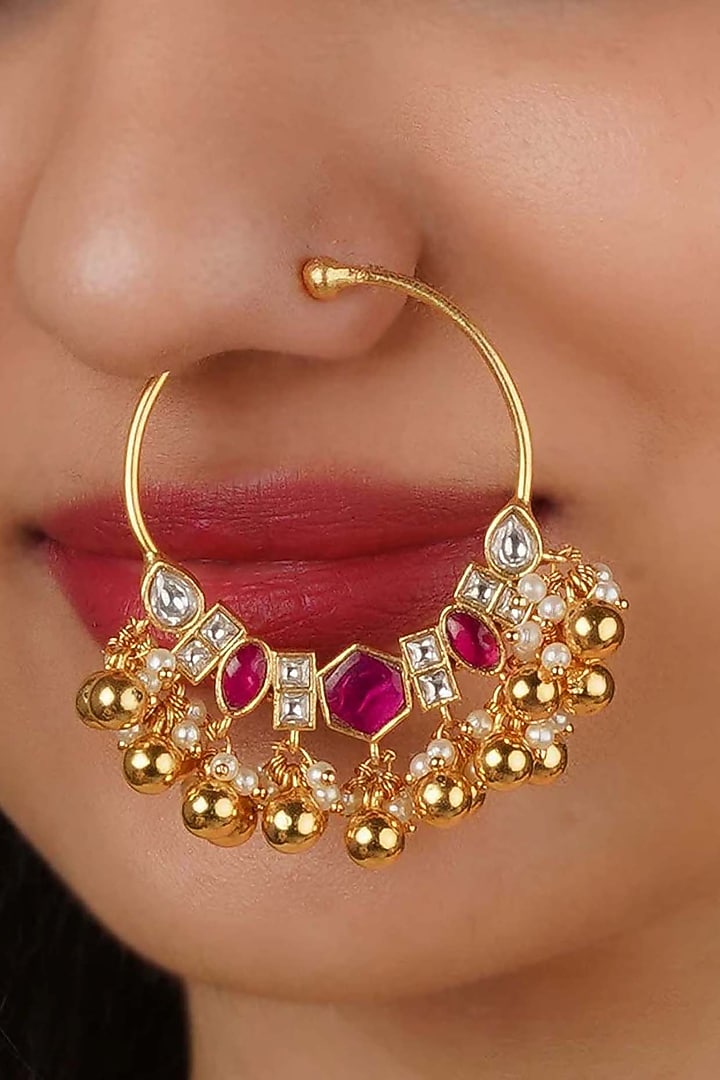 Gold Plated Uncut Polki & Beaded Jadau Nose Ring by Mortantra at Pernia's Pop Up Shop