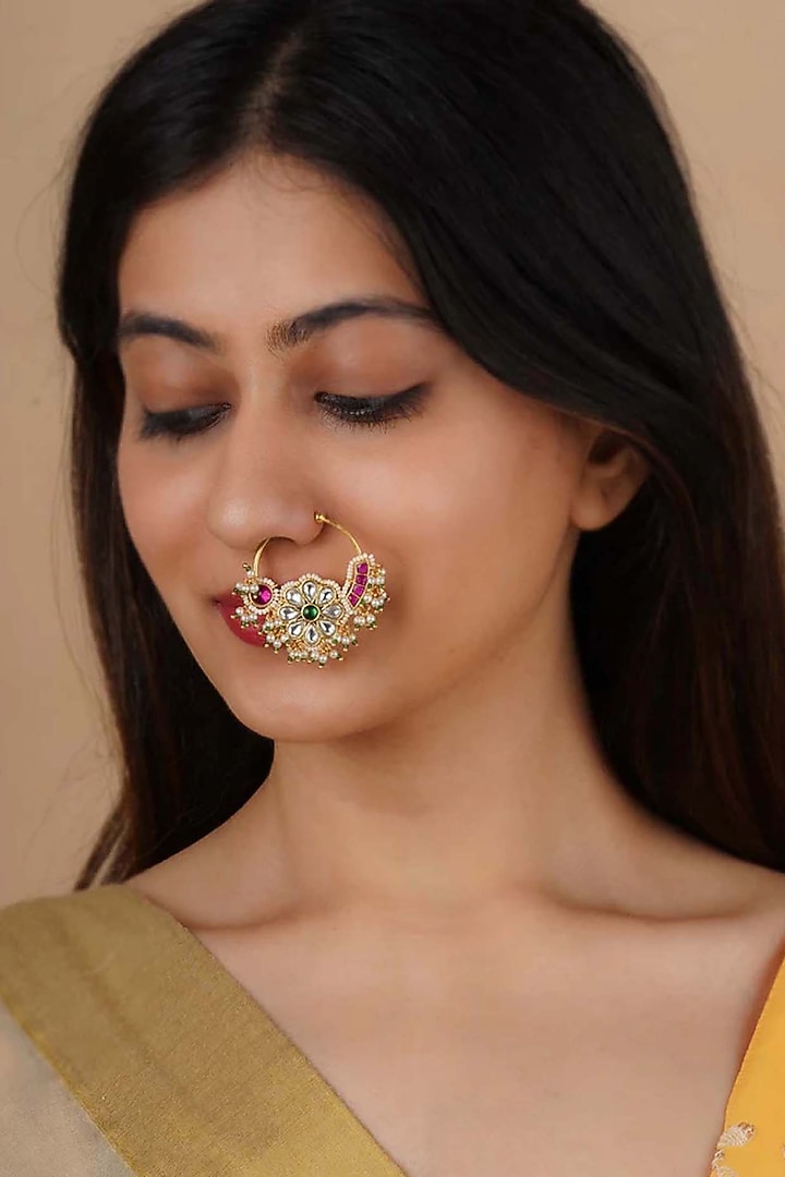 Gold Plated Uncut Polki & Beaded Jadau Nose Ring by Mortantra at Pernia's Pop Up Shop