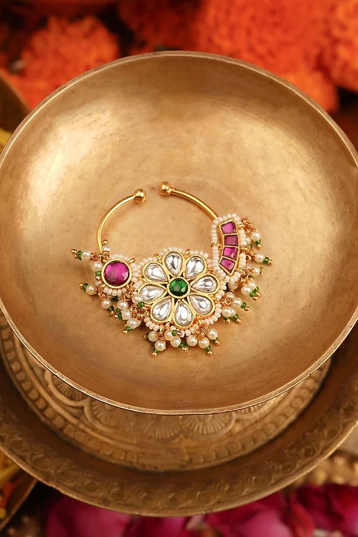 Gold Plated Uncut Polki & Beaded Jadau Nose Ring by Mortantra at Pernia's Pop Up Shop