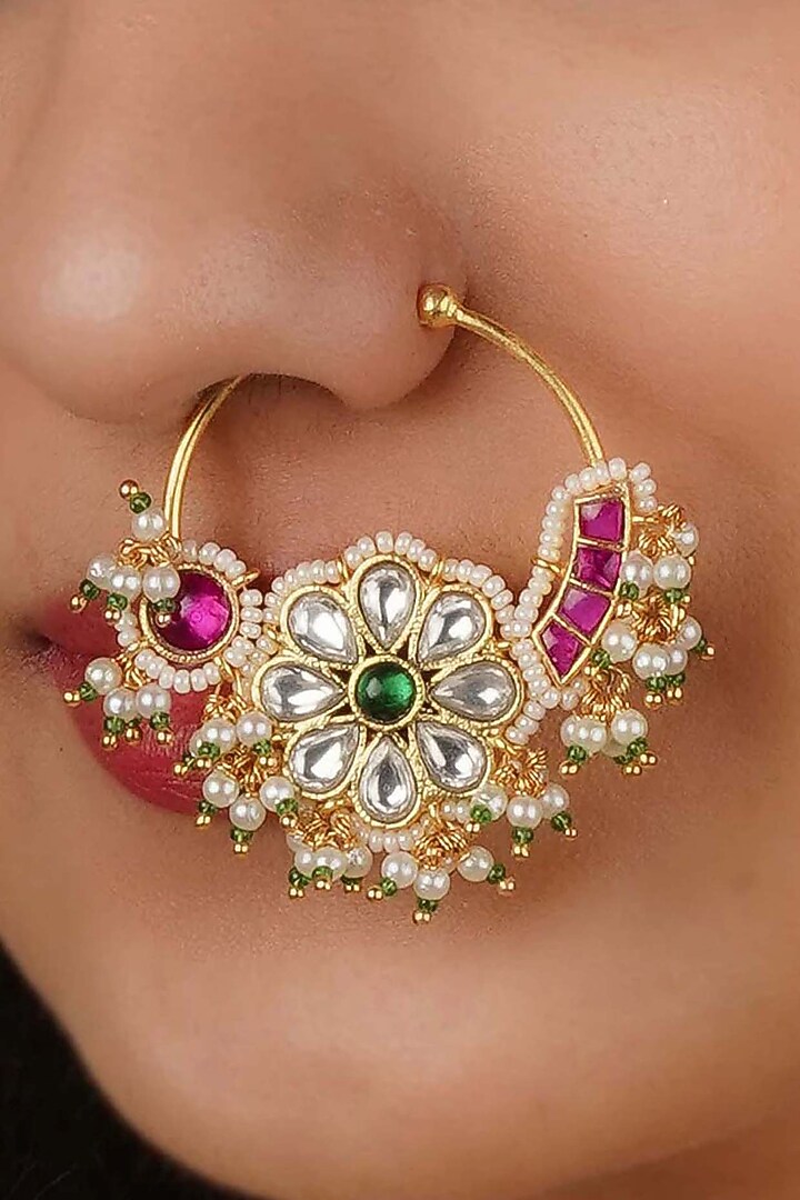 Gold Plated Uncut Polki & Beaded Jadau Nose Ring by Mortantra at Pernia's Pop Up Shop