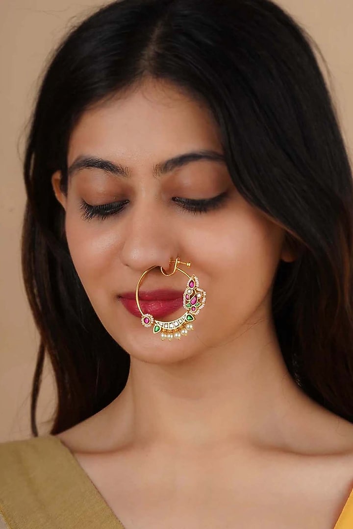 Gold Plated Uncut Polki & Beaded Jadau Nose Ring by Mortantra at Pernia's Pop Up Shop