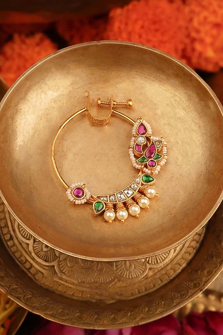 Gold Plated Uncut Polki & Beaded Jadau Nose Ring by Mortantra at Pernia's Pop Up Shop