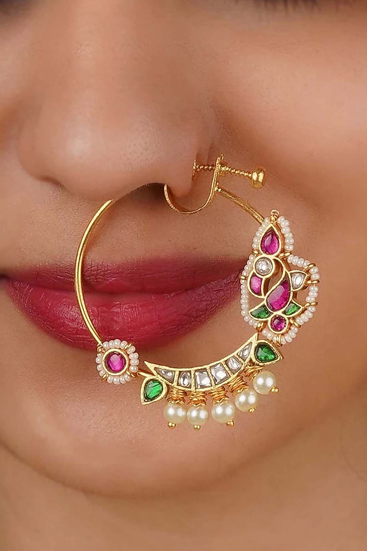 Gold Plated Uncut Polki & Beaded Jadau Nose Ring by Mortantra at Pernia's Pop Up Shop