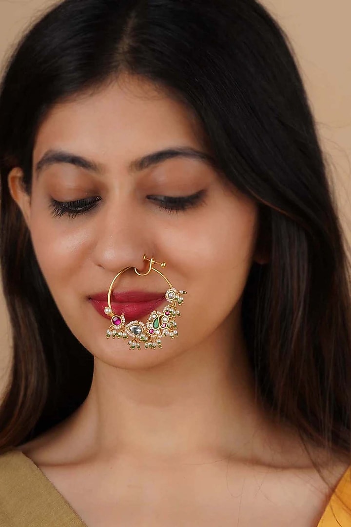 Gold Plated Uncut Polki & Beaded Jadau Nose Ring by Mortantra at Pernia's Pop Up Shop