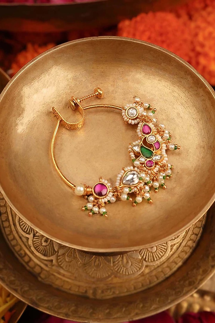 Gold Plated Uncut Polki & Beaded Jadau Nose Ring by Mortantra at Pernia's Pop Up Shop