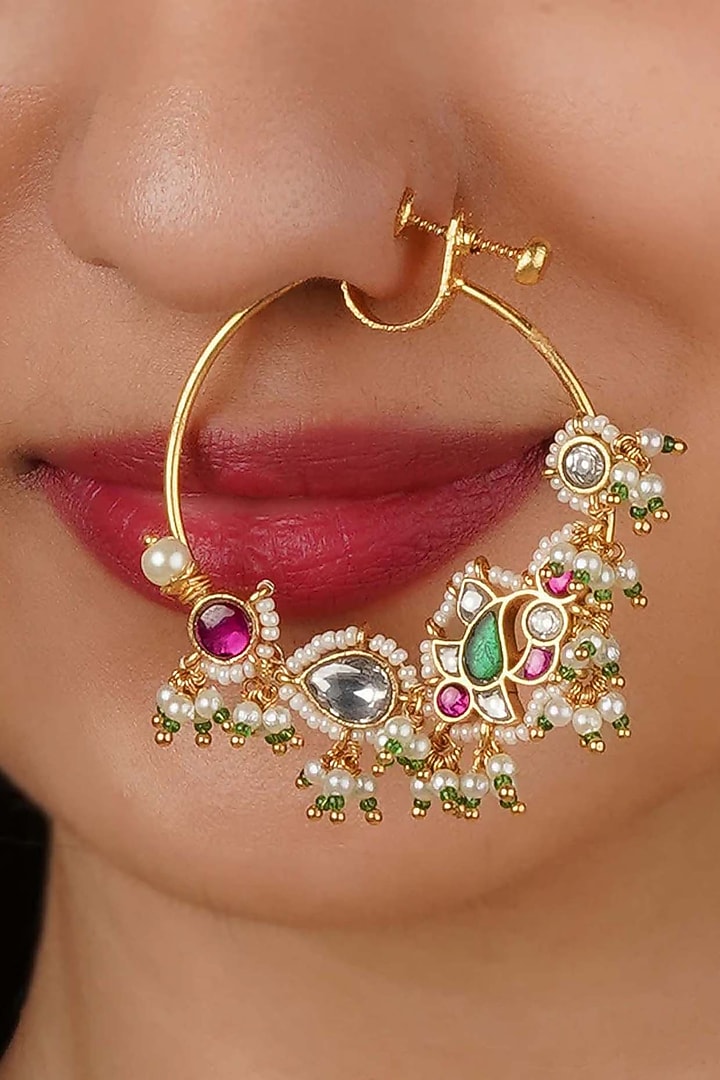 Gold Plated Uncut Polki & Beaded Jadau Nose Ring by Mortantra at Pernia's Pop Up Shop