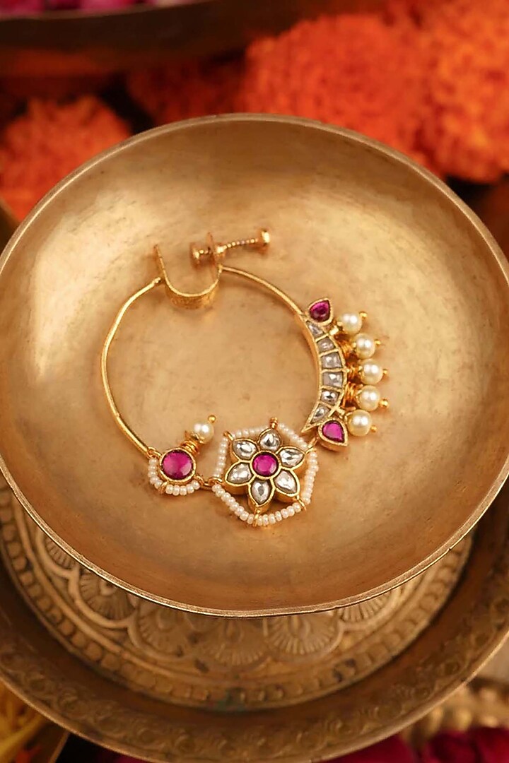 Gold Plated Uncut Polki & Beaded Jadau Nose Ring by Mortantra at Pernia's Pop Up Shop