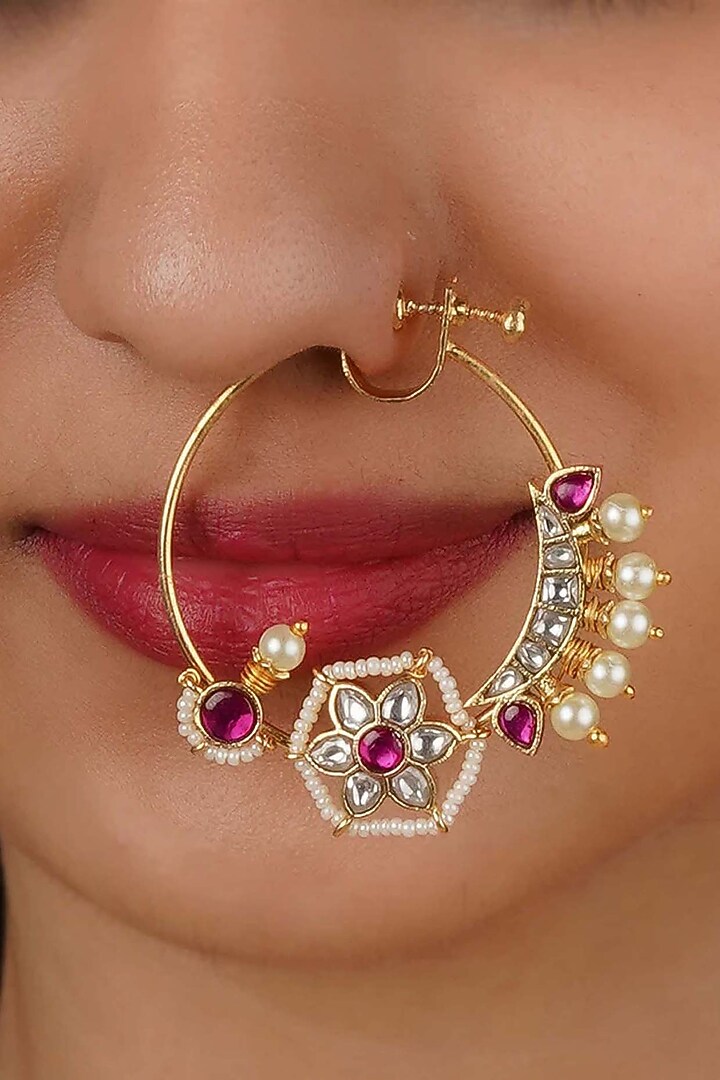 Gold Plated Uncut Polki & Beaded Jadau Nose Ring by Mortantra at Pernia's Pop Up Shop