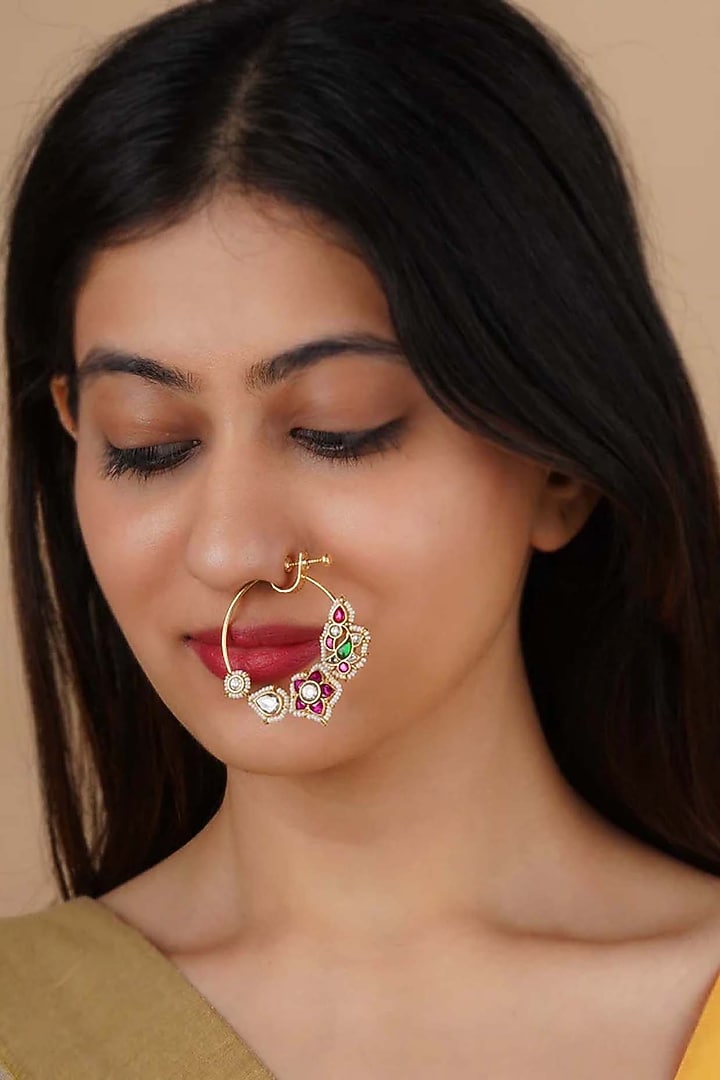 Gold Plated Uncut Polki & Beaded Jadau Nose Ring by Mortantra at Pernia's Pop Up Shop