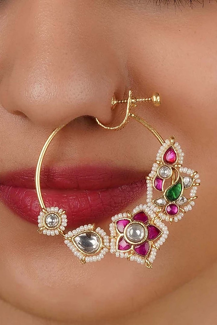 Gold Plated Uncut Polki & Beaded Jadau Nose Ring by Mortantra at Pernia's Pop Up Shop