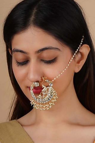 Gold Plated Uncut Polki & Beaded Jadau Nose Ring by Mortantra
