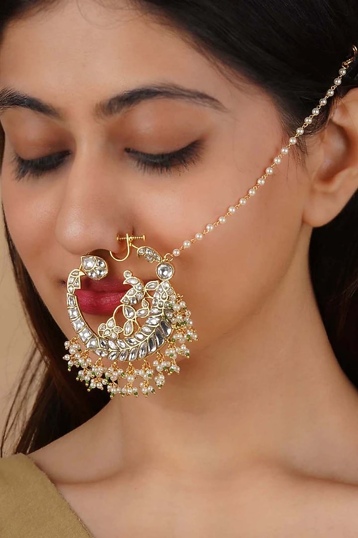 Gold Plated Uncut Polki & Beaded Jadau Nose Ring by Mortantra at Pernia's Pop Up Shop