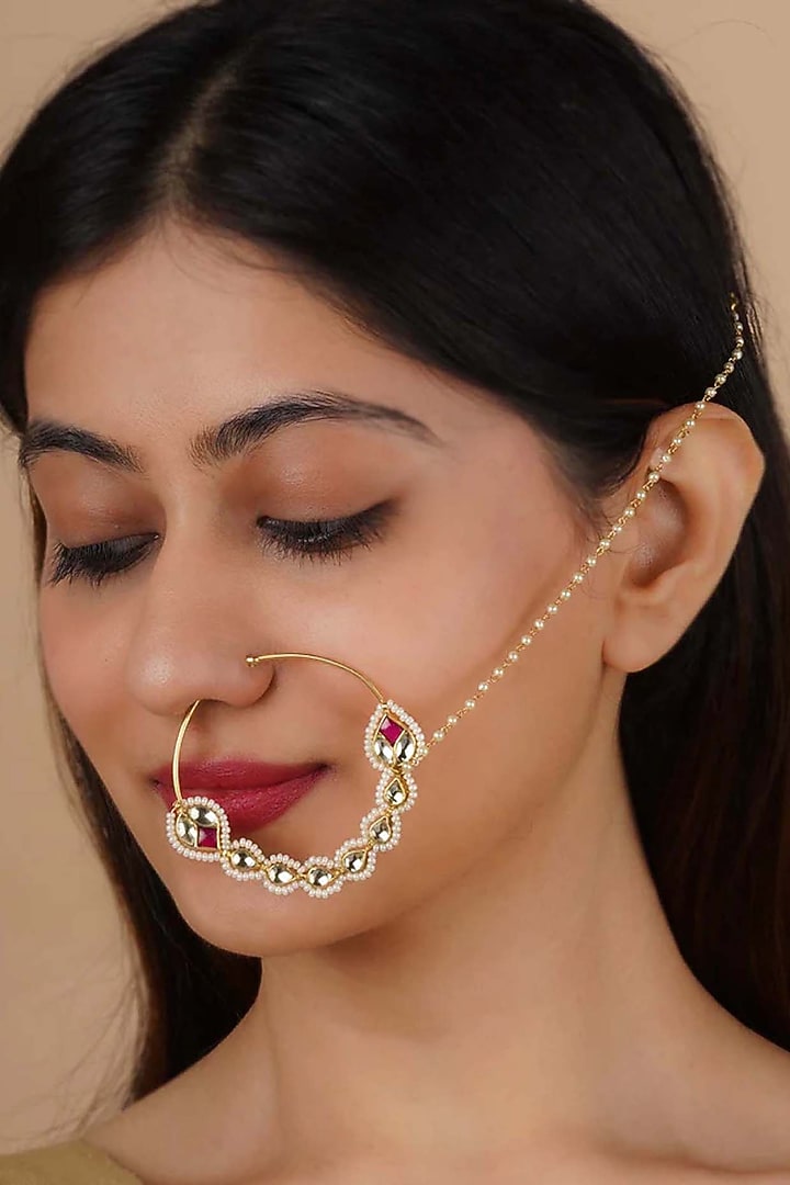 Gold Plated Uncut Polki & Beaded Jadau Nose Ring by Mortantra at Pernia's Pop Up Shop
