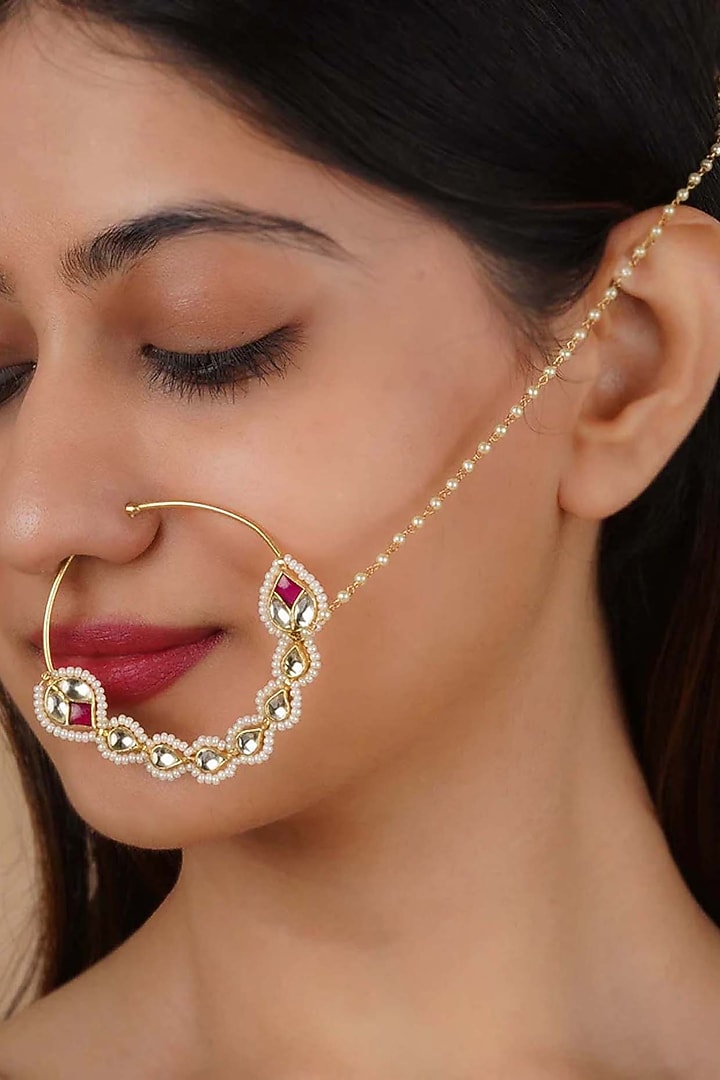 Gold Plated Uncut Polki & Beaded Jadau Nose Ring by Mortantra at Pernia's Pop Up Shop