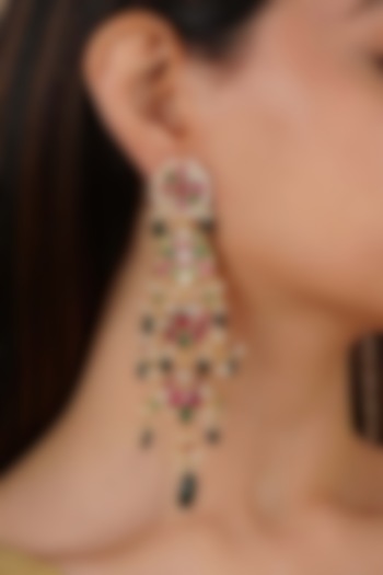 Gold Plated Uncut Polki & Beaded Jadau Dangler Earrings by Mortantra at Pernia's Pop Up Shop