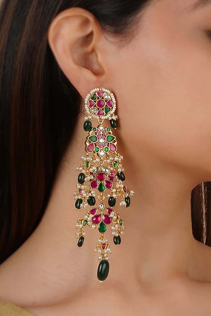 Gold Plated Uncut Polki & Beaded Jadau Dangler Earrings by Mortantra at Pernia's Pop Up Shop