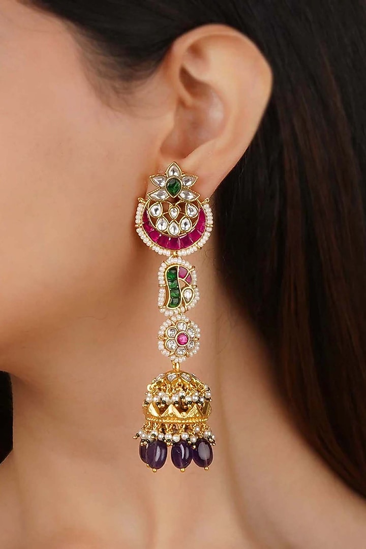 Gold Plated Uncut Polki & Beaded Jadau Dangler Earrings by Mortantra at Pernia's Pop Up Shop