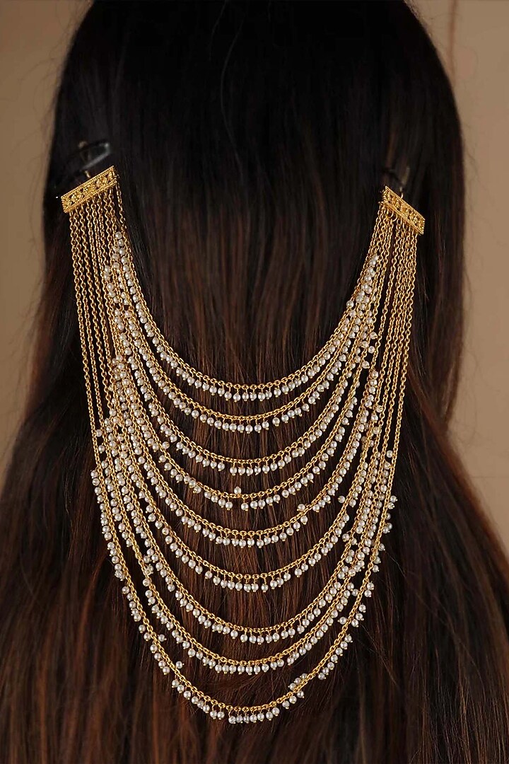 Gold Plated Uncut Polki & Beaded Jadau Hair Clips by Mortantra at Pernia's Pop Up Shop