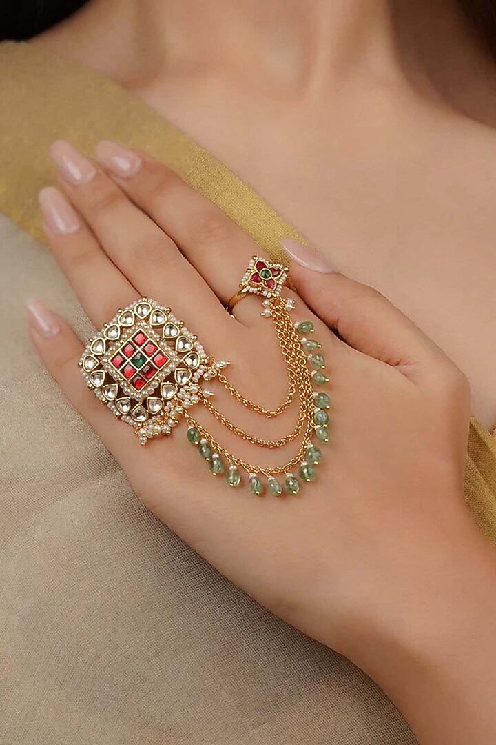 Gold Plated Uncut Polki & Beaded Jadau Ring by Mortantra at Pernia's Pop Up Shop