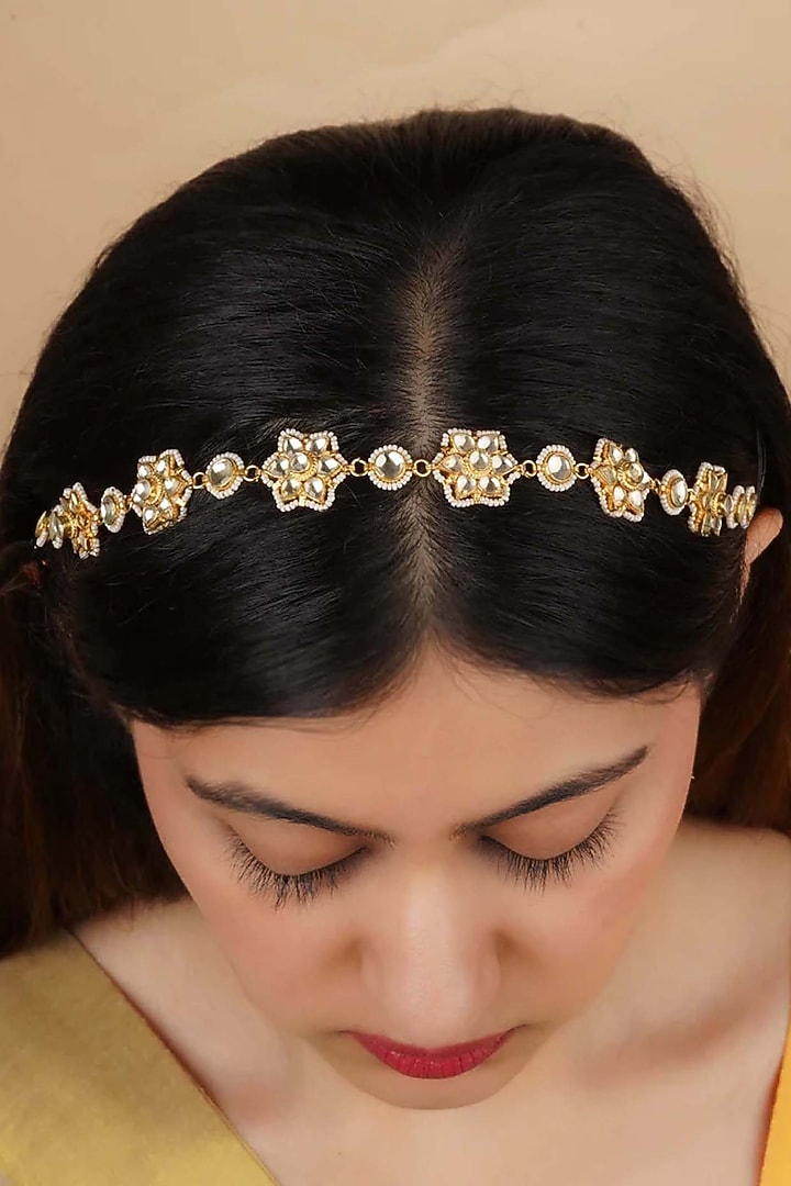 Gold Plated Uncut Polki & Beaded Jadau Mathapatti by Mortantra at Pernia's Pop Up Shop