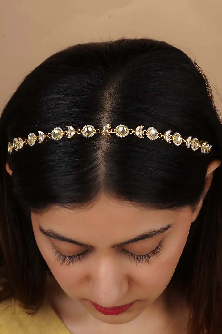 Gold Plated Uncut Polki & Beaded Jadau Mathapatti by Mortantra at Pernia's Pop Up Shop