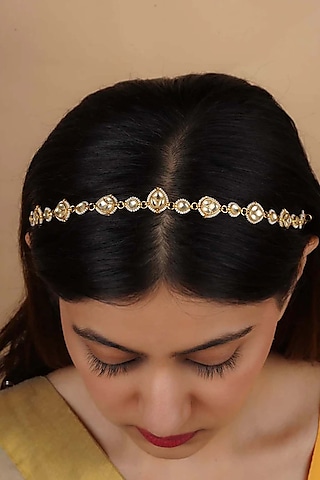 Gold Plated Uncut Polki & Beaded Jadau Mathapatti by Mortantra