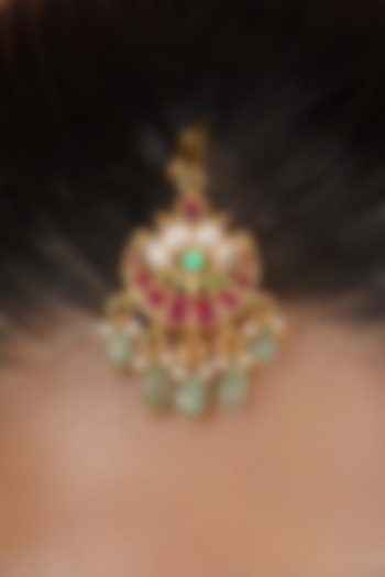 Gold Plated Uncut Polki & Beaded Jadau Maangtikka by Mortantra at Pernia's Pop Up Shop