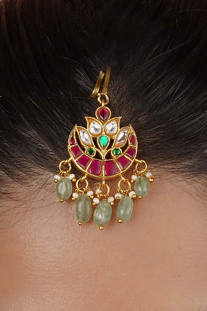 Gold Plated Uncut Polki & Beaded Jadau Maangtikka by Mortantra at Pernia's Pop Up Shop