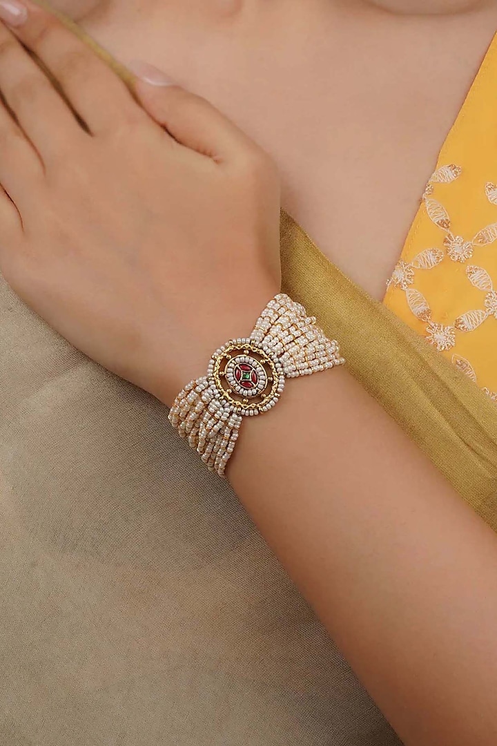 Gold Plated Uncut Polki & Beaded Jadau Bracelet by Mortantra at Pernia's Pop Up Shop