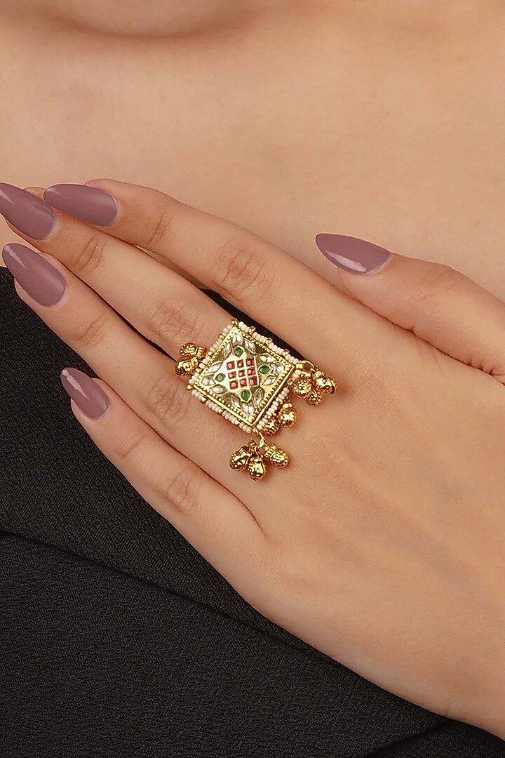 Gold Plated Uncut Polki & Beaded Jadau Ring by Mortantra at Pernia's Pop Up Shop