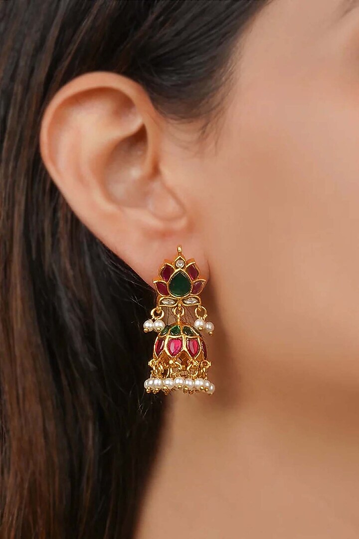Gold Plated Uncut Polki & Beaded Jadau Dangler Earrings by Mortantra at Pernia's Pop Up Shop