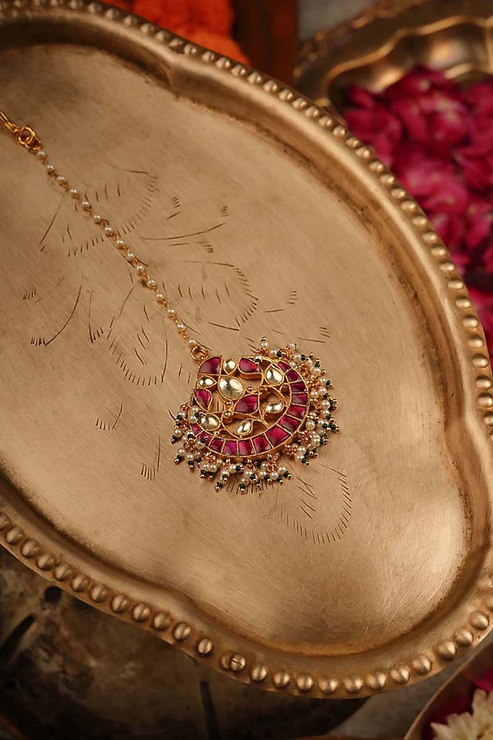 Gold Plated Uncut Polki & Beaded Jadau Maangtikka by Mortantra at Pernia's Pop Up Shop