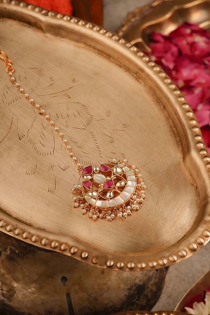 Gold Plated Uncut Polki & Beaded Jadau Maangtikka by Mortantra at Pernia's Pop Up Shop