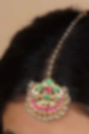 Gold Plated Uncut Polki & Beaded Jadau Maangtikka by Mortantra at Pernia's Pop Up Shop