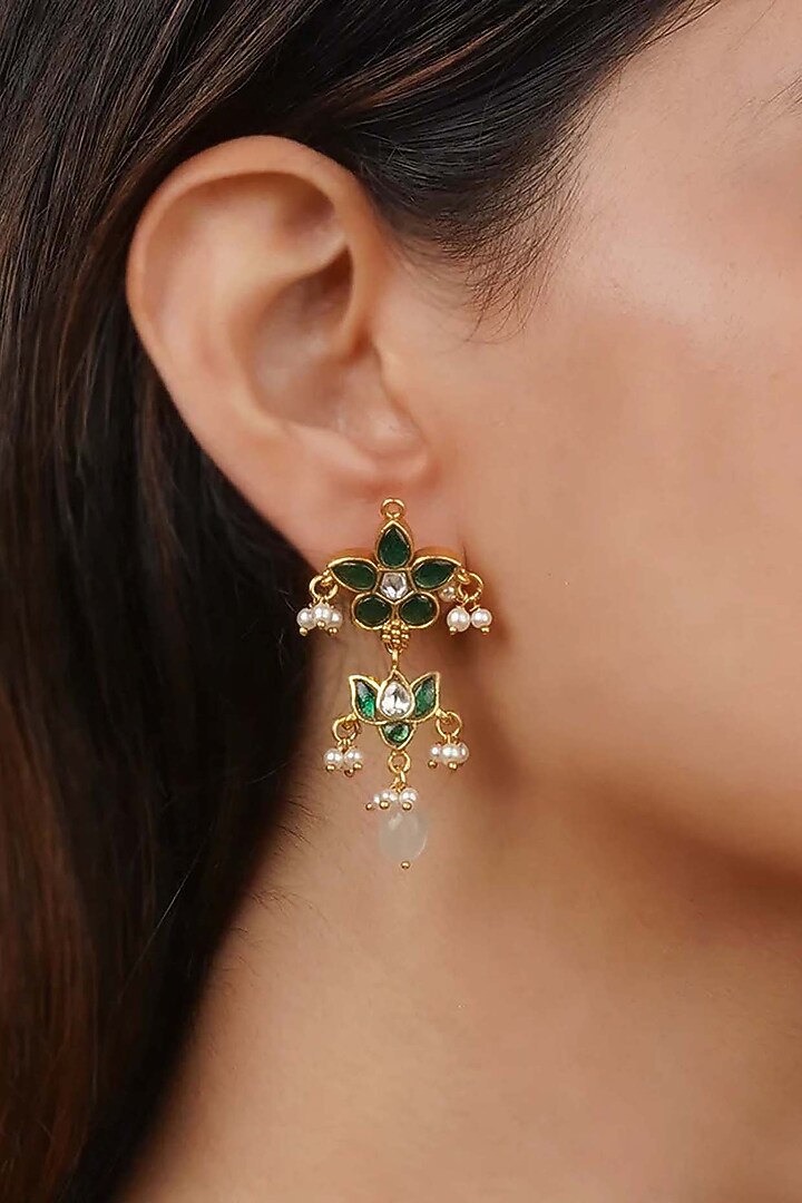 Gold Plated Uncut Polki & Beaded Jadau Dangler Earrings by Mortantra at Pernia's Pop Up Shop
