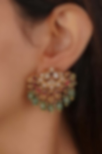 Gold Plated Uncut Polki & Beaded Jadau Dangler Earrings by Mortantra at Pernia's Pop Up Shop