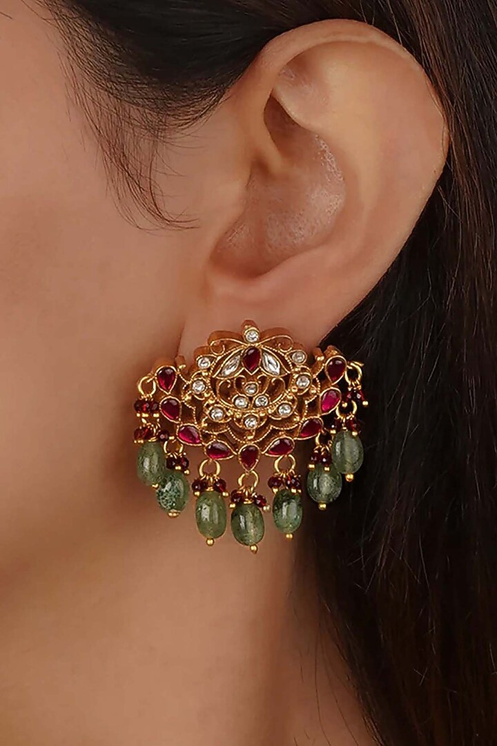 Gold Plated Uncut Polki & Beaded Jadau Dangler Earrings by Mortantra at Pernia's Pop Up Shop