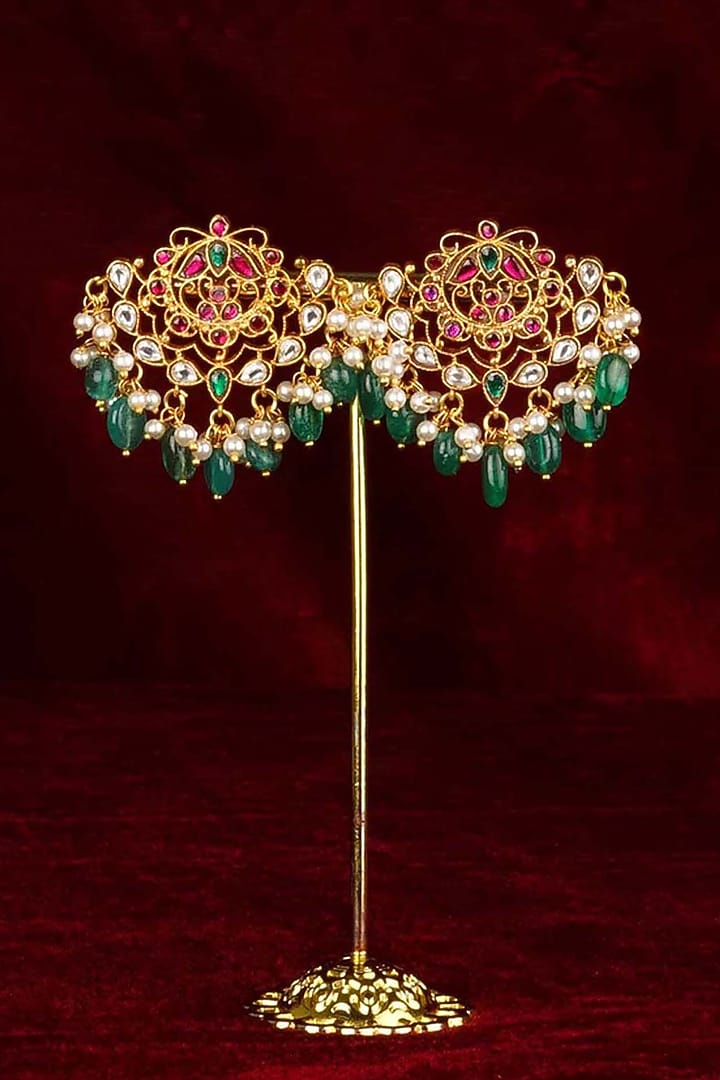 Gold Plated Uncut Polki & Beaded Jadau Dangler Earrings by Mortantra at Pernia's Pop Up Shop