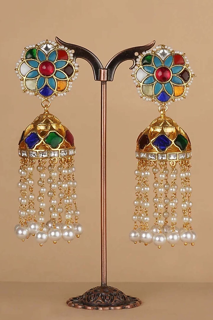 Gold Plated Uncut Polki & Beaded Jadau Dangler Earrings by Mortantra at Pernia's Pop Up Shop